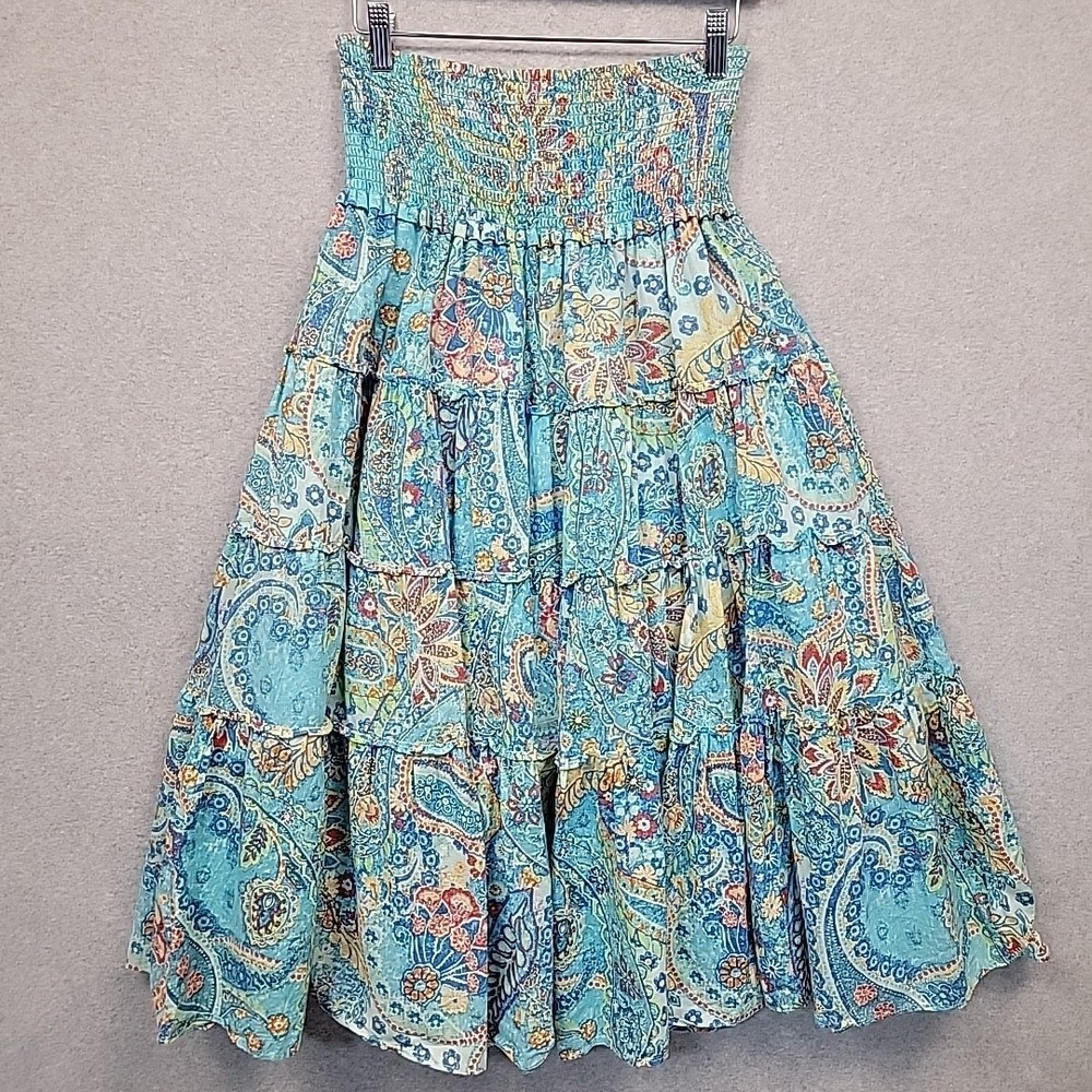 LAUREN RALPH LAUREN Skirt Petite S Multi Paisley Cotton Ruffle Boho Smock Waist